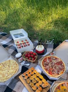 several different types of pizzas on a picnic blanket with strawberries and other foods