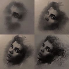 four different images of a woman's face with hair blowing in the wind and her eyes closed