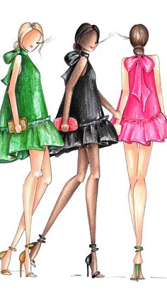 three women in dresses and high heels are walking down the street with their hands on their hips