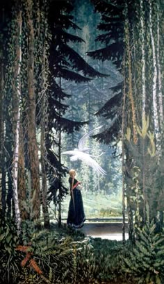 a painting of a woman standing in the woods