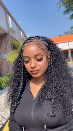 half braids half weave, half braids half sew in, Braiding Hairstyles Half Up Half Down, Half Braid Quick Weave, 4 Braids In The Front With Hair Down, Scalp Braids With Curly Hair In The Back, 2 Braids In Front Curly Hair In Back Natural, Curly Quick Weave With Braids, Braid In Front Curly Weave In Back, Half Wig Half Braids, Braids In Front Natural Curly Hair In Back