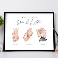 a black framed poster with three hands holding each other and the words love story on it