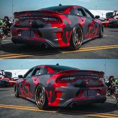 two pictures of the rear end of a car with red camo paint on it