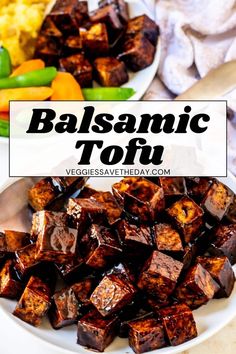 this is an image of balsamic tofu on a plate with vegetables in the background