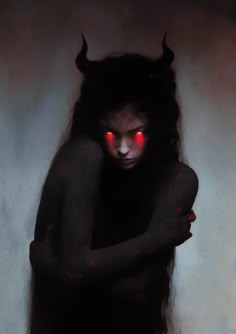 a painting of a woman with red eyes and devil horns on her head, hugging