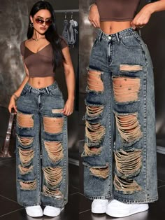 Women's Casual Wide Leg Loose Fit Jeans With Distressed Pockets Blue Casual   Denim Plain Straight Leg Non-Stretch  Women Clothing, size features are:Bust: ,Length: ,Sleeve Length: Fancy Pants Outfit, Dope Fashion Outfits, Street Style Outfits Casual, Neat Casual Outfits, Casual Outfits For Teens, Shein Icon, Classy Casual Outfits, Simple Trendy Outfits