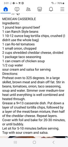 the recipe for mexican casserole on an iphone