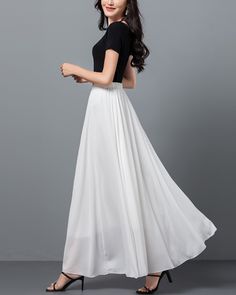 * A long skirt with elastic waist. * A-line shape and wide hem, can make you look more taller and slimmer. * Made of pearl chiffon and fully lined. * Can custom make waist size and skirt length. * Material: 100% polyester * Size: True to US size, US 0-US 20 are available, you can let us know your usual size and height in your order. * Shipping: Free shipping Processing time : 5-7 Business days Delivery time : 7-20 Business days Tracking number available If you need rush order or expedited shippi Off White Long Skirt, Outfits With A Long White Skirt, Long Chiffon Skirt Outfit, White Long Skirts, White Flare Skirt Outfit, Long Flowy White Skirt, White Skirts Long, White Long Lace Skirt, Cute Skirts Long