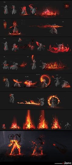 some different types of fire and flames on a black background