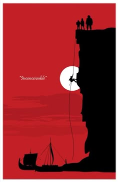 a red and black poster with two people standing on top of a cliff