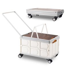 two white storage boxes with wheels on each side and an open lid for the top