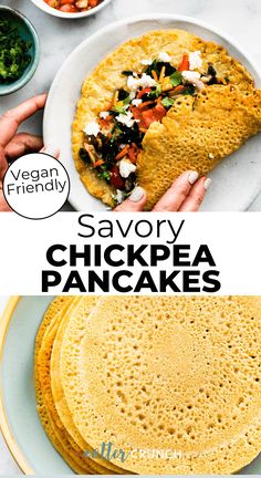 there are several different types of food on this plate and the words savory chickpea pancakes