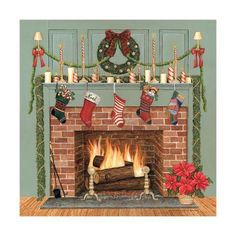 a christmas fireplace with stockings and stockings on it