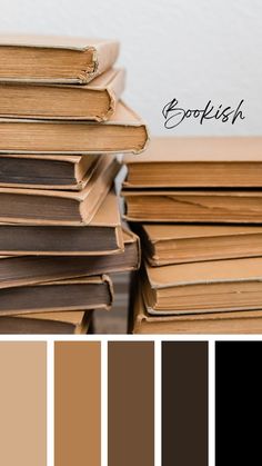 books stacked on top of each other with the words bookish written in black and brown