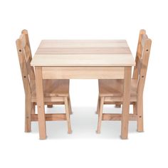 a wooden table and two chairs sitting next to each other in front of a white background