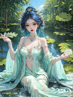 a woman with blue hair sitting on the water holding a flower in her hand and wearing a tiara