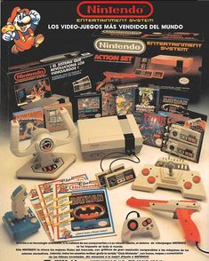 an advertisement for the nintendo entertainment system with various games and accessories on top of it