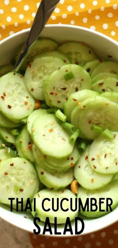 cucumber salad in a white bowl with the words thai cucumber salad