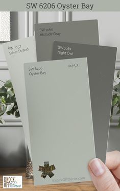 someone holding up some paint samples for their new color swatches, which are light gray and dark grey