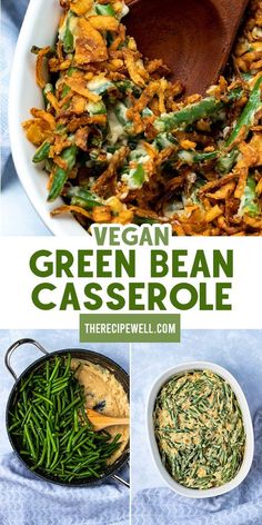 vegan green bean casserole in a white bowl with wooden spoon and other side dishes