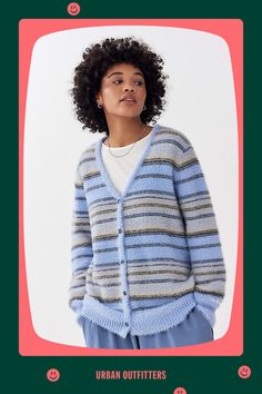 Fluffy knit cardi by iets frans... Featuring a v-neck, long sleeves and button fastening to front. In a stripe pattern and logo on sleeve. Only at UO. Content + Care 84% Nylon, 16% Acrylic Machine wash Imported Size + Fit Model is 172.5cm/5'8" and wearing size Small Use our size guide to check how this product fits | iets frans...Stripe Fluff Cardigan in Blue, Women's at Urban Outfitters Fluffy Knit, Y Logo, Knit Cardi, Chunky Knit Cardigan, Blue Fits, E Logo, Cardigan Tops, Knitwear Women, Jumpers And Cardigans