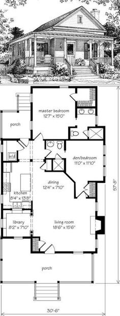 the floor plan for a small house with two levels and an attached porch, which is also