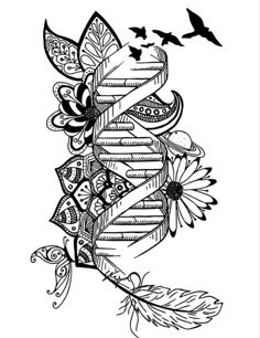 a drawing of an arrow with flowers and birds flying around it, in black and white