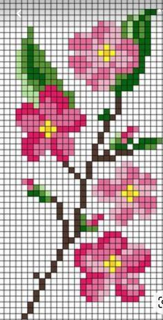 a cross stitch pattern with pink flowers and leaves on the bottom, as well as green stems