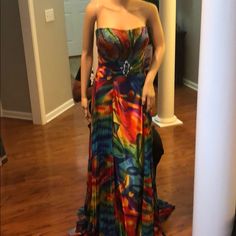 Multicolored, Strapless(Straps Included), Sequenced Top, Flowing Bottom Strapless Multicolor Dress For Gala, Multicolor Strapless Dress For Gala, Tony Bowls Dresses, Sequence Top, Evening Gown, Blue Yellow, Evening Gowns, Color Blue, Prom Dresses