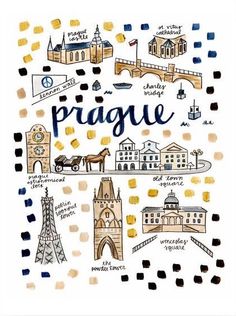 a poster with the words prague in different languages on it, including buildings and other things