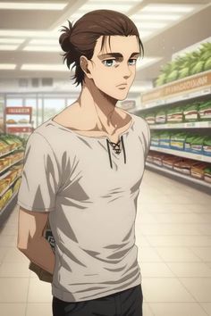 a man standing in front of a store filled with shelves full of vegetables and fruit