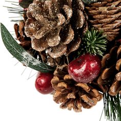 pine cones, apples and evergreen leaves with snow on them