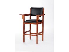 a wooden chair with black leather upholstered seat and armrests on an isolated white background