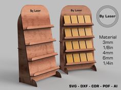 two wooden shelves with labels on them and one shelf is labeled by laser or dxf