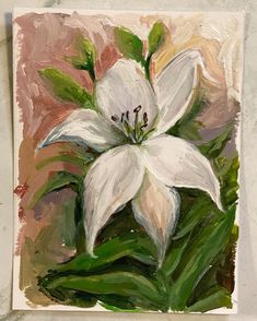 a painting of a white flower with green leaves