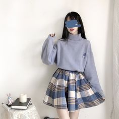 Y2k Aesthetic Fashion, Pull Rose, Loose Sweater, Plaid Skirt, Blue Skirt, Kawaii Clothes, Plaid Skirts, Korean Outfits, Short Skirt