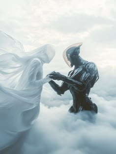 a statue is standing in the clouds with a hat on it's head