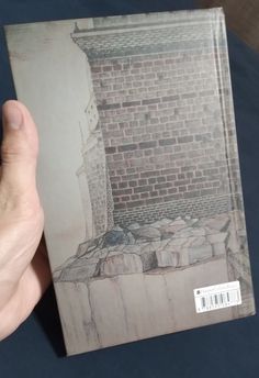 a person holding up a book with a brick wall in the background and a hand pointing at it