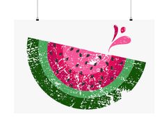 a piece of watermelon on a white background with green and pink accents, hanging from hooks