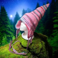 Hand Crafted Elven Gnome Hat By Me Design Features Tender Pink And Variegated Colors In Stripes With Classic Pointy Shape Ear Flaps And Long Braided Ties Gently Rounded Front For Enhanced Fit / Protection Pointy Hat Can Be Worn Upright, Folded, Or Scrunched 19" H (Including Ear Flaps) X 24" Around Widest Part Tapered Style And Stretch Allows For A Perfect Fit New, Never Used Smoke Free Pet Free Environment Crochet Autumn, Fairy Gnome, Autumn Fairy, Gnome Hat, Me Design, Handcrafted Accessories, Handmade Crochet, Design Features, Hand Crafted