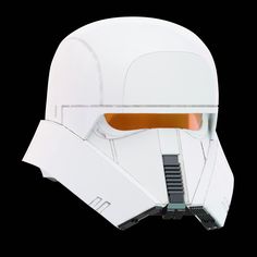 the helmet is white and has orange eyes