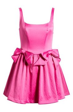 Pull off a pop of color in a vibrant dress cut from smooth silk and embellished with a duo of joyful bows at the waist. 32" length Square neck Lined 95% polyester, 5% elastane Dry clean Imported Pink A-line Dress With Bow, Silk A-line Dress With Bow, Pink Party Dresses With Sashes, Pink Satin Dress With Satin Bow, Pink Formal Dress With Satin Bow, Formal Pink Dress With Satin Bow, Silk Dresses With Sashes, Vibrant Dress, Pull Off