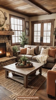 a living room filled with furniture and a fire place in front of a clock on the wall