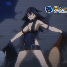 an anime character with long black hair and blue eyes, standing in front of a dark background