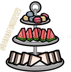 a three tiered tray with watermelon slices and other desserts on it