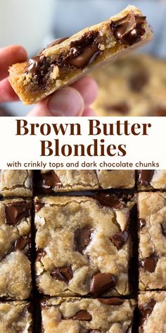 chocolate chip brown butter blondies with crinkly tops and dark chocolate chunks on top