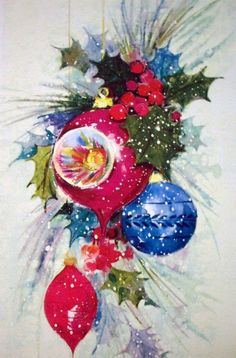 a painting of christmas decorations on a white background