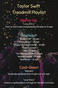 the flyer for taylor swift's warm - up workout program is shown in purple and black