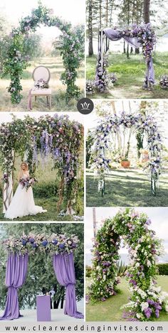 the wedding arch is decorated with purple flowers and greenery