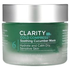 iHerb offers free shipping on orders over $25. 6 Hydrate and Calm Dry, Sensitive Skin Cold Compress™ Soothing Cucumber Mask is a hydrating, calming and cooling gel mask that brings relief to sensitive, stressed or irritated skin. Plant based extracts of cucumber, chamomile and aloe blend together to soothe and hydrate. This gentle gel mask cools on contact and provides comfort for inflamed, red or rosacea-prone skin. Cucumber Mask, Gel Mask, Dry Sensitive Skin, Fred Meyer, Organic Products, Organic Beauty, Irritated Skin, Natural Organic, Cucumber